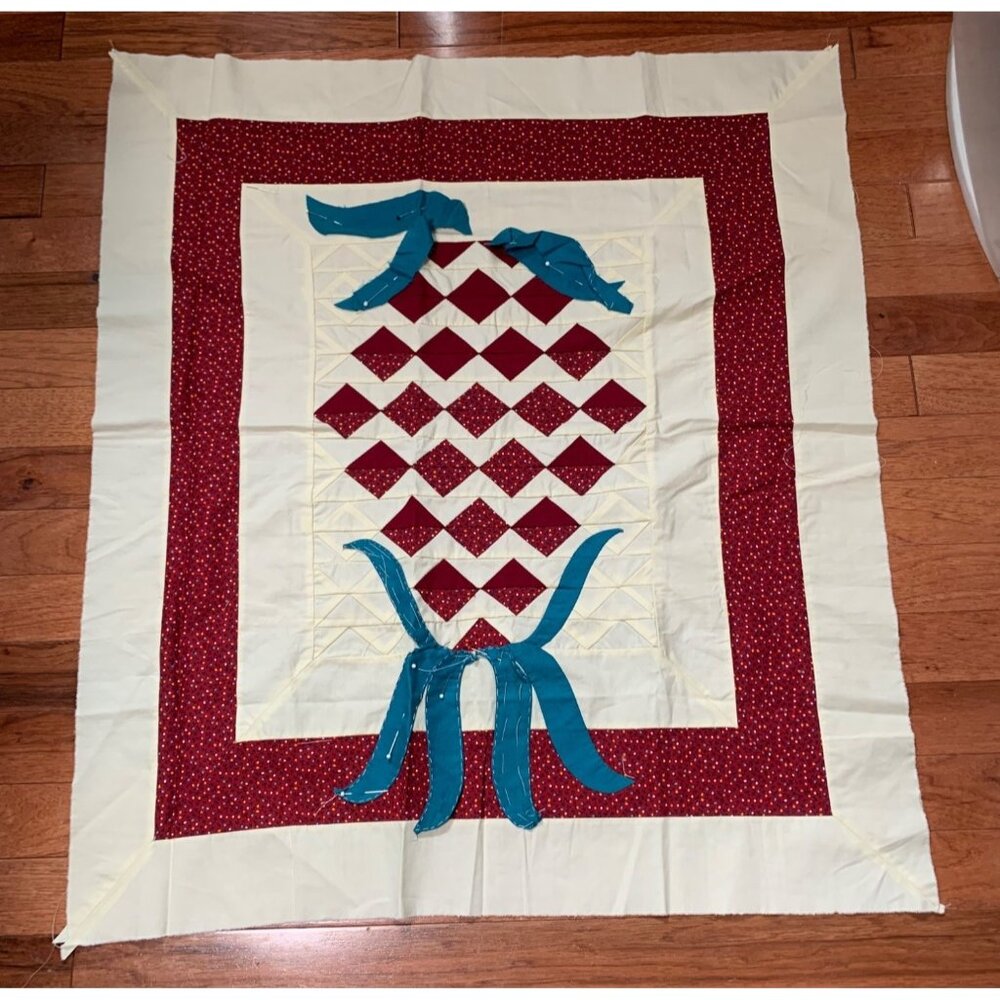 Vintage Handmade Pineapple Quilt Top 27"x23" Red & Cream with Blue Bow Appliqué